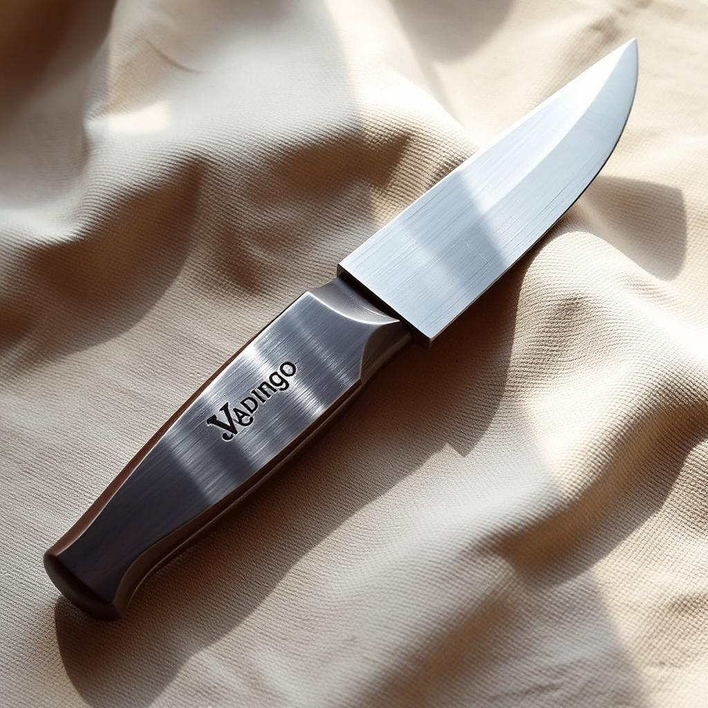 A beautifully crafted knife with a sleek, polished blade, prominently displaying the brand name etched into the metal