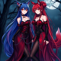 An enchanting scene featuring a sexy gothic anime girl witch Kitsune with long, seductive red hair that cascades down to her lower back, elegantly styled in a bun