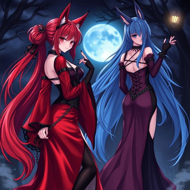 An enchanting scene featuring a sexy gothic anime girl witch Kitsune with long, seductive red hair that cascades down to her lower back, elegantly styled in a bun