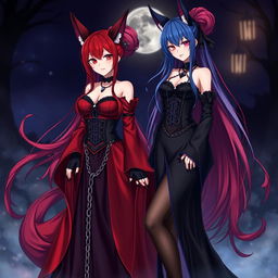 An enchanting scene featuring a sexy gothic anime girl witch Kitsune with long, seductive red hair that cascades down to her lower back, elegantly styled in a bun