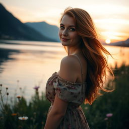 A beautiful young woman named Sara with flowing long auburn hair, wearing a stylish off-shoulder dress with floral patterns, standing by a serene lake during sunset