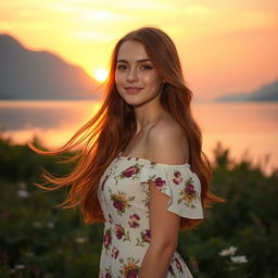 A beautiful young woman named Sara with flowing long auburn hair, wearing a stylish off-shoulder dress with floral patterns, standing by a serene lake during sunset