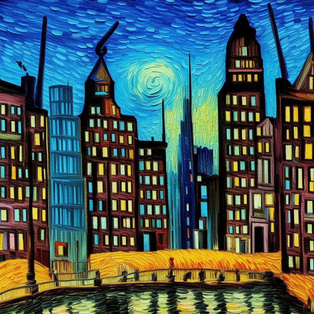 A vibrant cityscape painting rendered in the expressive, emotive style of Vincent Van Gogh