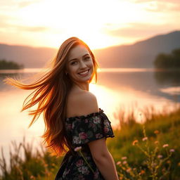 A beautiful young woman named Sara with flowing long auburn hair, wearing a stylish off-shoulder dress with floral patterns, standing by a serene lake during sunset