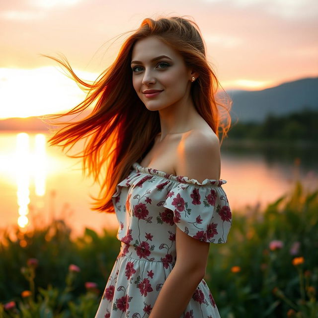 A beautiful young woman named Sara with flowing long auburn hair, wearing a stylish off-shoulder dress with floral patterns, standing by a serene lake during sunset