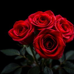 A close-up, hyperrealistic image of three vibrant red roses in sharp focus, showcasing intricate details in their petals, featuring a deep burgundy center and subtle gradations of red