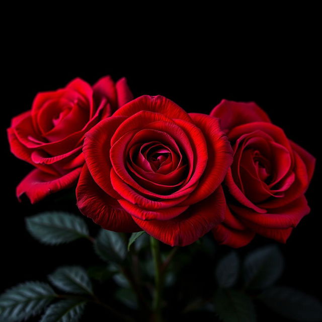 A close-up, hyperrealistic image of three vibrant red roses in sharp focus, showcasing intricate details in their petals, featuring a deep burgundy center and subtle gradations of red