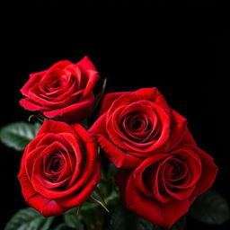 A close-up, hyperrealistic image of three vibrant red roses in sharp focus, showcasing intricate details in their petals, featuring a deep burgundy center and subtle gradations of red