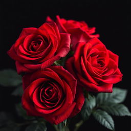 A close-up, hyperrealistic image of three vibrant red roses in sharp focus, showcasing intricate details in their petals, featuring a deep burgundy center and subtle gradations of red