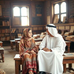 A teenage boy and girl sitting in an old traditional schoolhouse in Saudi Arabia, surrounded by ancient wooden furniture and traditional Islamic decorations, wearing cultural attire