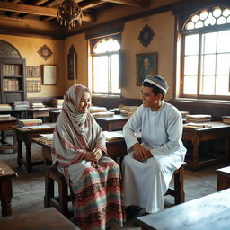 A teenage boy and girl sitting in an old traditional schoolhouse in Saudi Arabia, surrounded by ancient wooden furniture and traditional Islamic decorations, wearing cultural attire