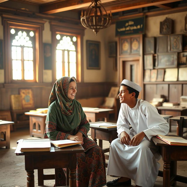 A teenage boy and girl sitting in an old traditional schoolhouse in Saudi Arabia, surrounded by ancient wooden furniture and traditional Islamic decorations, wearing cultural attire