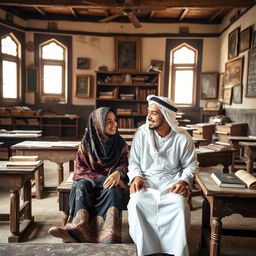 A teenage boy and girl sitting in an old traditional schoolhouse in Saudi Arabia, surrounded by ancient wooden furniture and traditional Islamic decorations, wearing cultural attire
