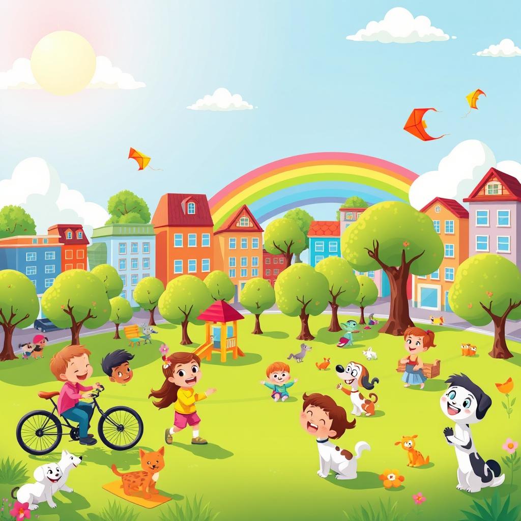 A vibrant and colorful cartoon depicting a cheerful city scene with animated buildings, smiling clouds, and anthropomorphic trees