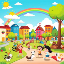 A vibrant and colorful cartoon depicting a cheerful city scene with animated buildings, smiling clouds, and anthropomorphic trees