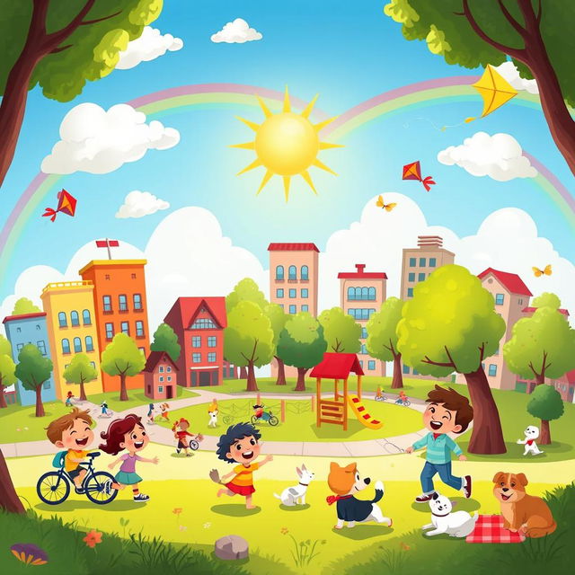 A vibrant and colorful cartoon depicting a cheerful city scene with animated buildings, smiling clouds, and anthropomorphic trees