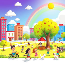 A vibrant and colorful cartoon depicting a cheerful city scene with animated buildings, smiling clouds, and anthropomorphic trees