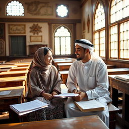 A teenage boy and girl sitting together in an old traditional schoolhouse in Saudi Arabia