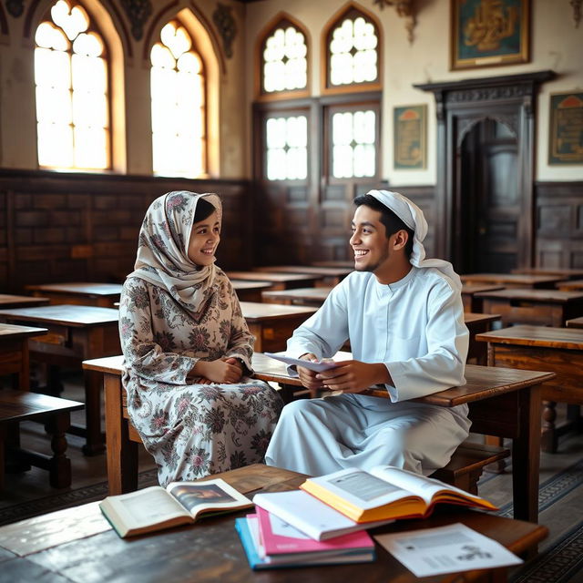 A teenage boy and girl sitting together in an old traditional schoolhouse in Saudi Arabia