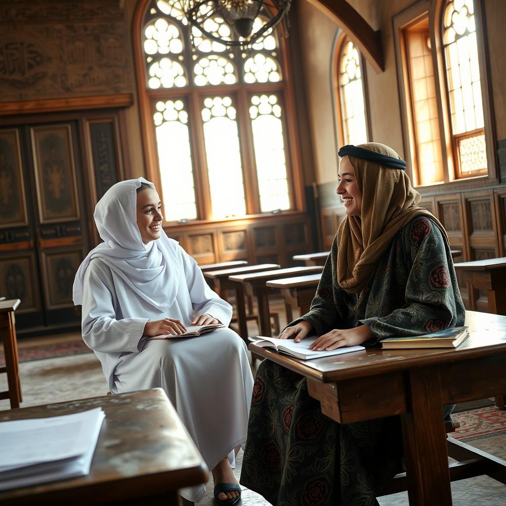 A teenage boy and girl sitting together in an old traditional schoolhouse in Saudi Arabia