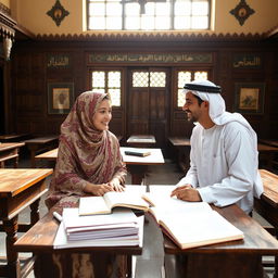 A teenage boy and girl sitting together in an old traditional schoolhouse in Saudi Arabia