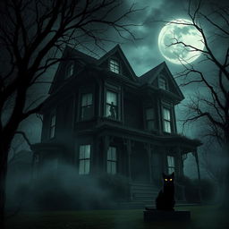 A haunted house on a dark stormy night, eerie shadows cast by a full moon