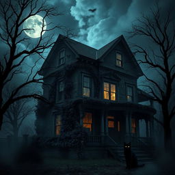A haunted house on a dark stormy night, eerie shadows cast by a full moon