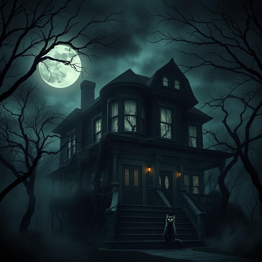 A haunted house on a dark stormy night, eerie shadows cast by a full moon