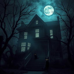 A haunted house on a dark stormy night, eerie shadows cast by a full moon