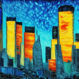 A vibrant cityscape painting rendered in the expressive, emotive style of Vincent Van Gogh