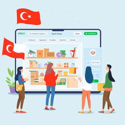 An illustrated online shopping scene showing a virtual store operated under the brand 'Narfi Shop', where diverse Iranian customers are browsing various products on a modern website