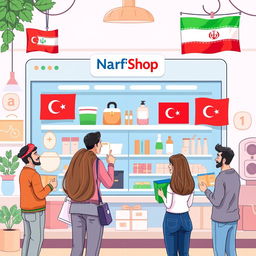 An illustrated online shopping scene showing a virtual store operated under the brand 'Narfi Shop', where diverse Iranian customers are browsing various products on a modern website