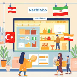An illustrated online shopping scene showing a virtual store operated under the brand 'Narfi Shop', where diverse Iranian customers are browsing various products on a modern website