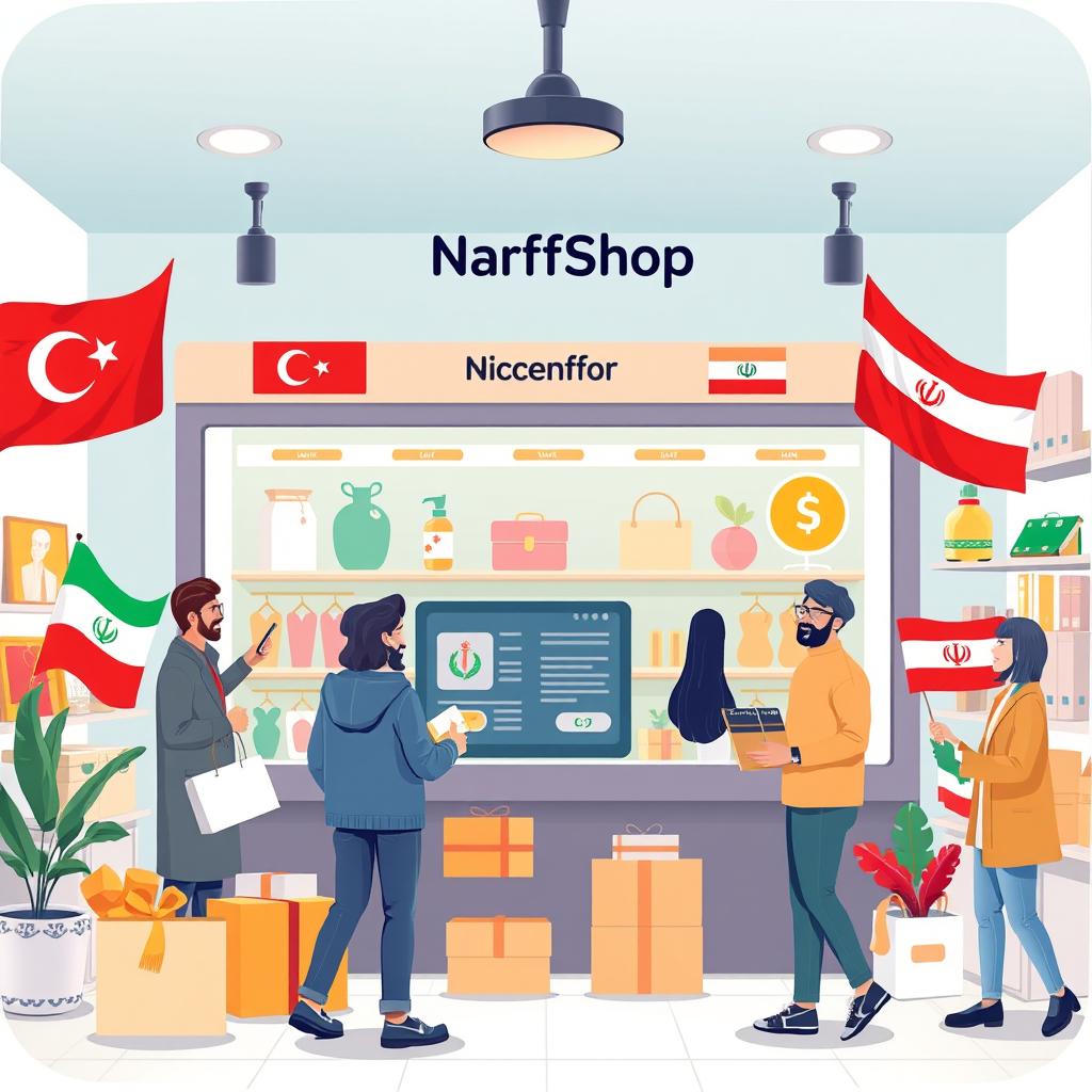 An illustrated online shopping scene showing a virtual store operated under the brand 'Narfi Shop', where diverse Iranian customers are browsing various products on a modern website