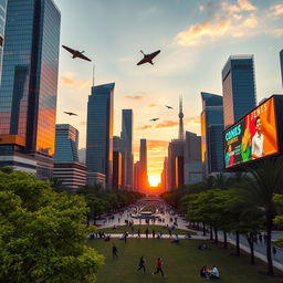 A futuristic cityscape at sunset, featuring towering skyscrapers with glass facades reflecting vibrant orange and pink hues