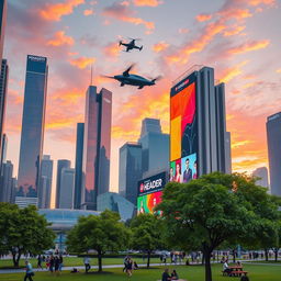 A futuristic cityscape at sunset, featuring towering skyscrapers with glass facades reflecting vibrant orange and pink hues