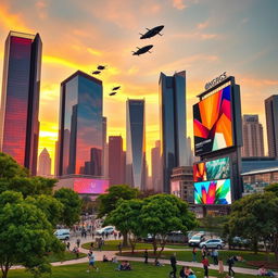A futuristic cityscape at sunset, featuring towering skyscrapers with glass facades reflecting vibrant orange and pink hues