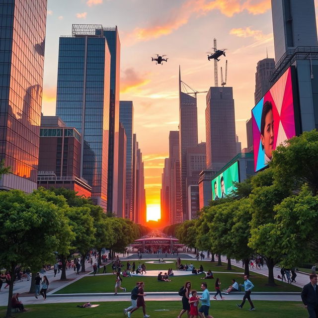 A futuristic cityscape at sunset, featuring towering skyscrapers with glass facades reflecting vibrant orange and pink hues