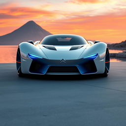 A digital rendering of a futuristic sports car in a glossy white finish with blue accents on the front and sides
