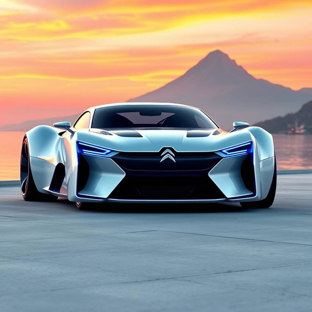 A digital rendering of a futuristic sports car in a glossy white finish with blue accents on the front and sides