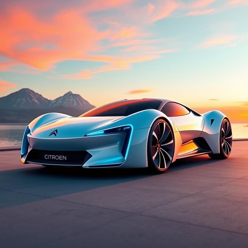 A digital rendering of a futuristic sports car in a glossy white finish with blue accents on the front and sides