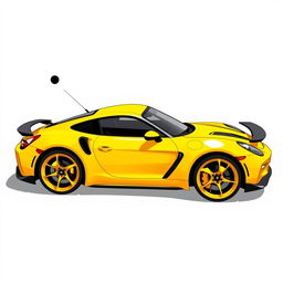 A vibrant digital illustration of a sleek yellow sports car, depicted from the side with the front angled towards the left side of the image