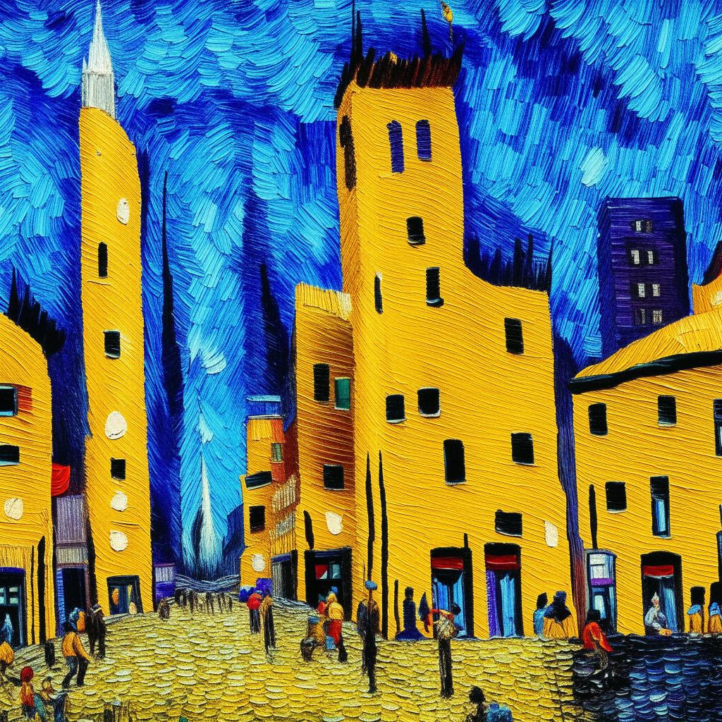 A vibrant cityscape painting rendered in the expressive, emotive style of Vincent Van Gogh