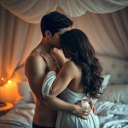 An intimate and sensual photograph capturing the beauty of human connection, featuring a couple in a soft embrace