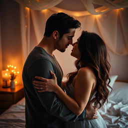 An intimate and sensual photograph capturing the beauty of human connection, featuring a couple in a soft embrace