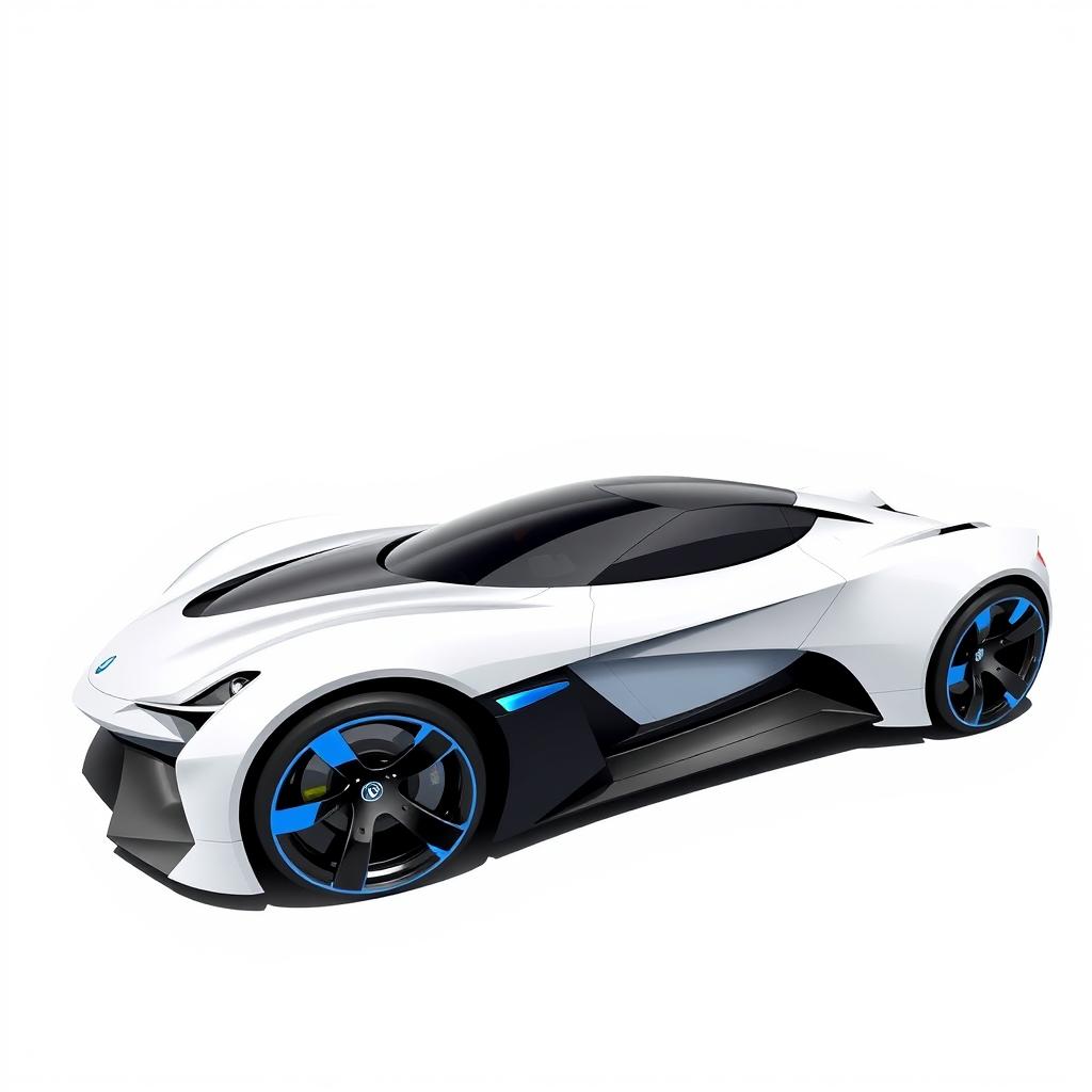 A striking digital illustration of a futuristic sports car, depicted in a side view with the front facing towards the left side of the image