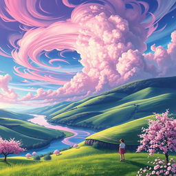 A breathtaking landscape inspired by the anime Kimi no Na wa, featuring a vibrant and dreamy sky filled with swirling clouds of pink, purple, and blue hues