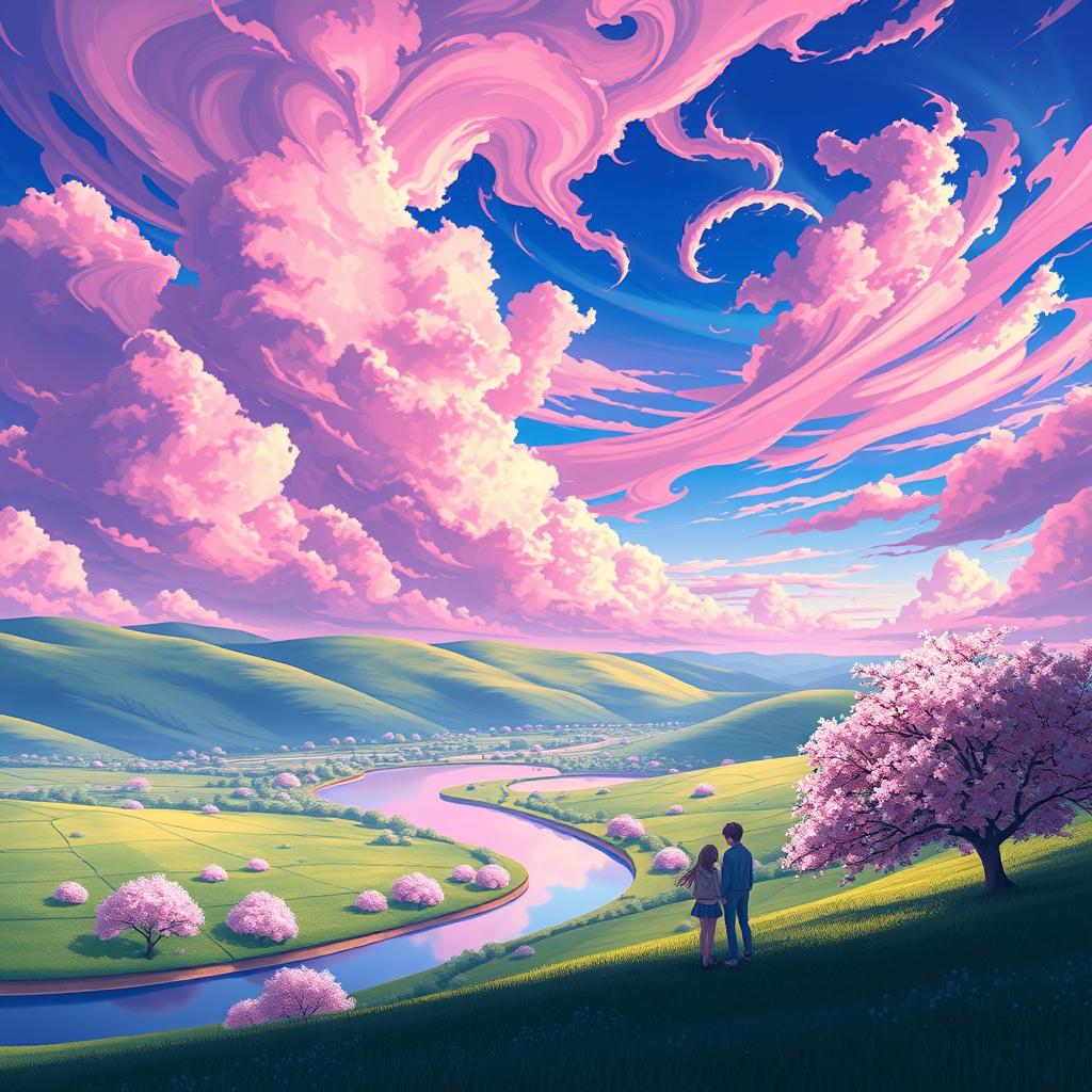 A breathtaking landscape inspired by the anime Kimi no Na wa, featuring a vibrant and dreamy sky filled with swirling clouds of pink, purple, and blue hues