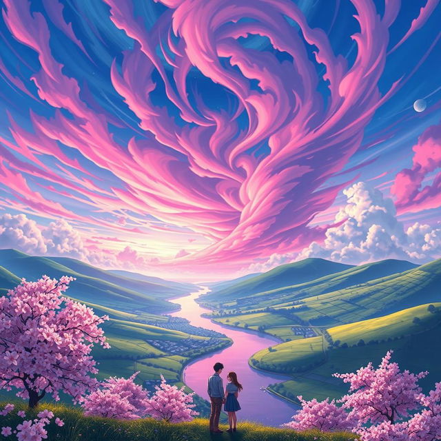 A breathtaking landscape inspired by the anime Kimi no Na wa, featuring a vibrant and dreamy sky filled with swirling clouds of pink, purple, and blue hues