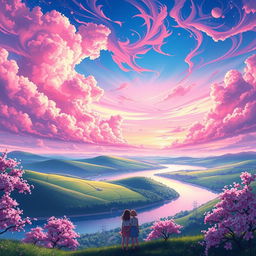 A breathtaking landscape inspired by the anime Kimi no Na wa, featuring a vibrant and dreamy sky filled with swirling clouds of pink, purple, and blue hues